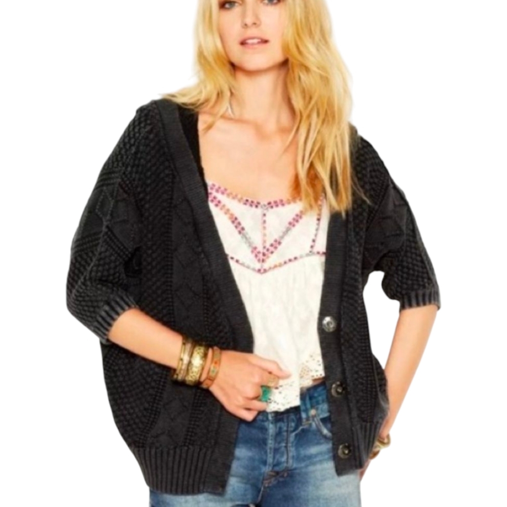 Free People Black Knit Hooded Cardigan